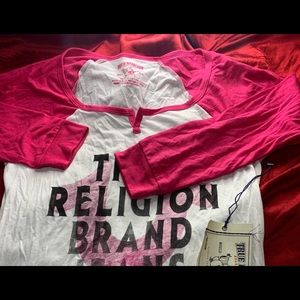 True religion pink and white half of sleeve shirt